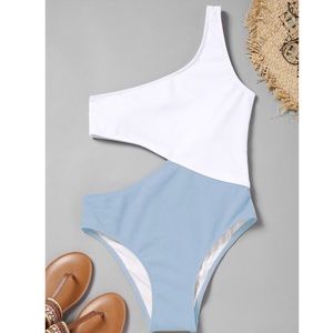 Cut out blue and white one piece swimsuit
